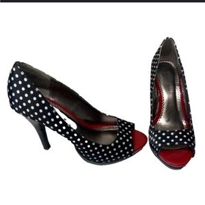 Rampage Black and White Polka Dot Peep Toe Heels with Red Accents